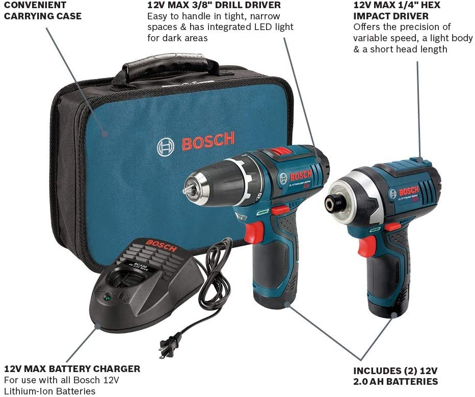 Bosch 12V Cordless Combo Kit, CLPK22-120 bag content