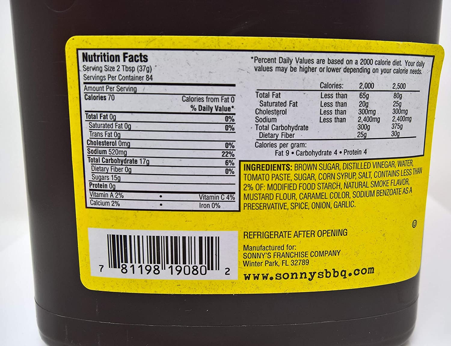sonny’s Authentic Sweet Bar-B-Q Sauce nutrition facts