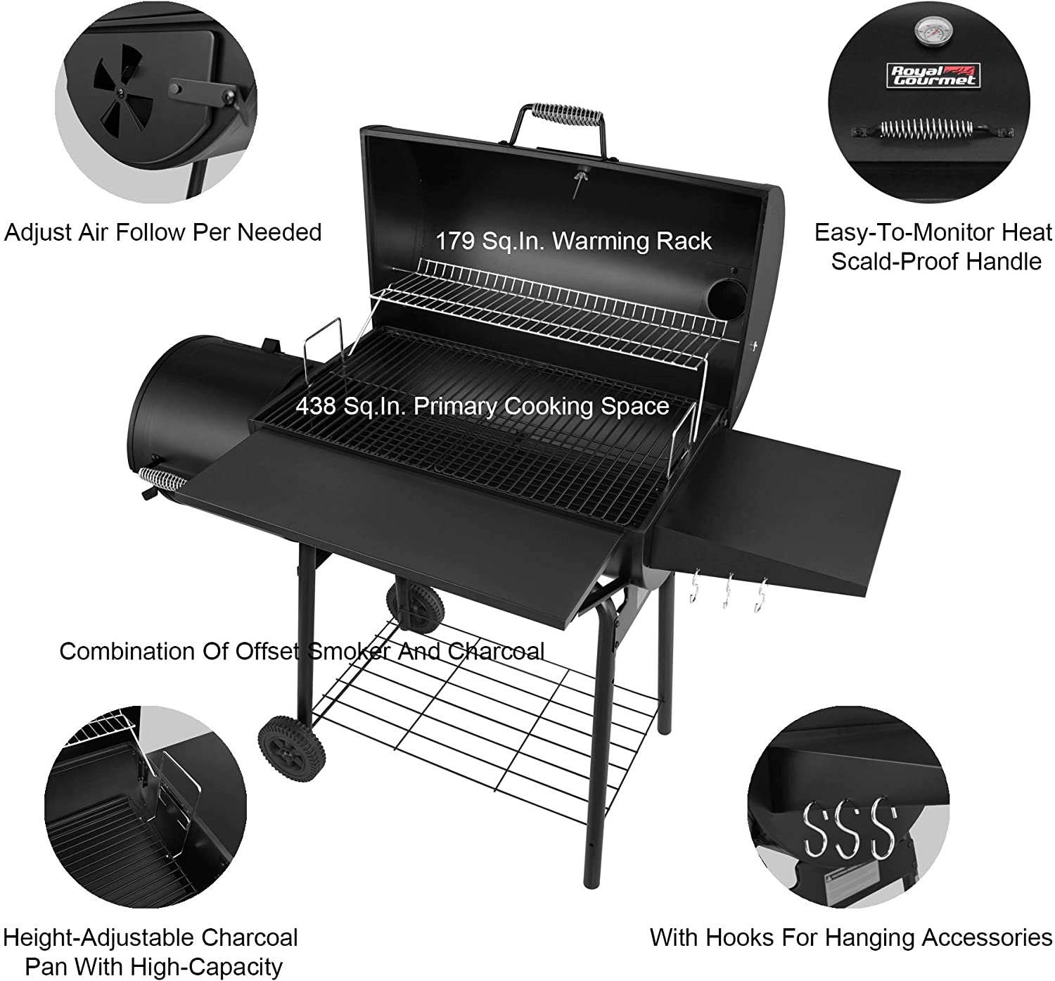 Royal Gourmet BBQ Charcoal Grill and Offset Smoker specs