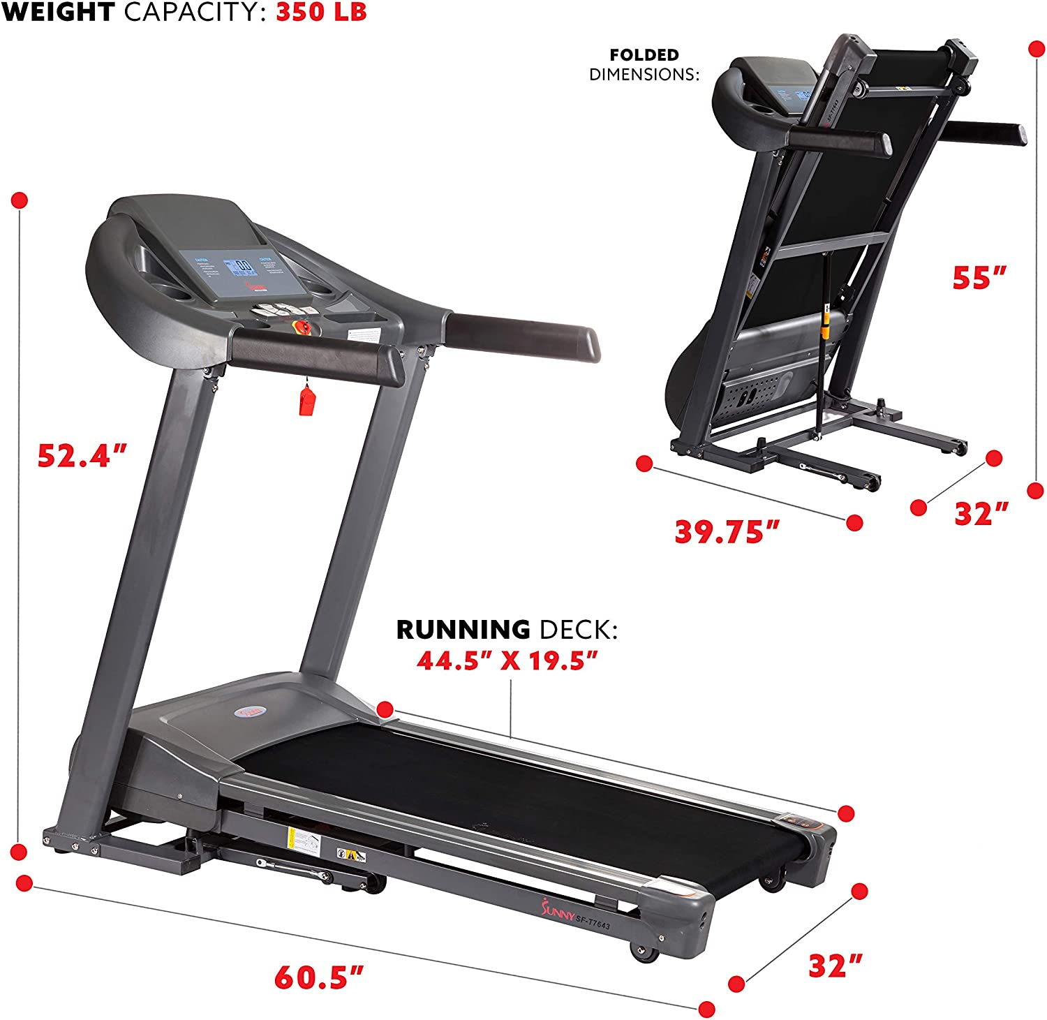 Sunny Health & Fitness T7643 Treadmill size and capacity