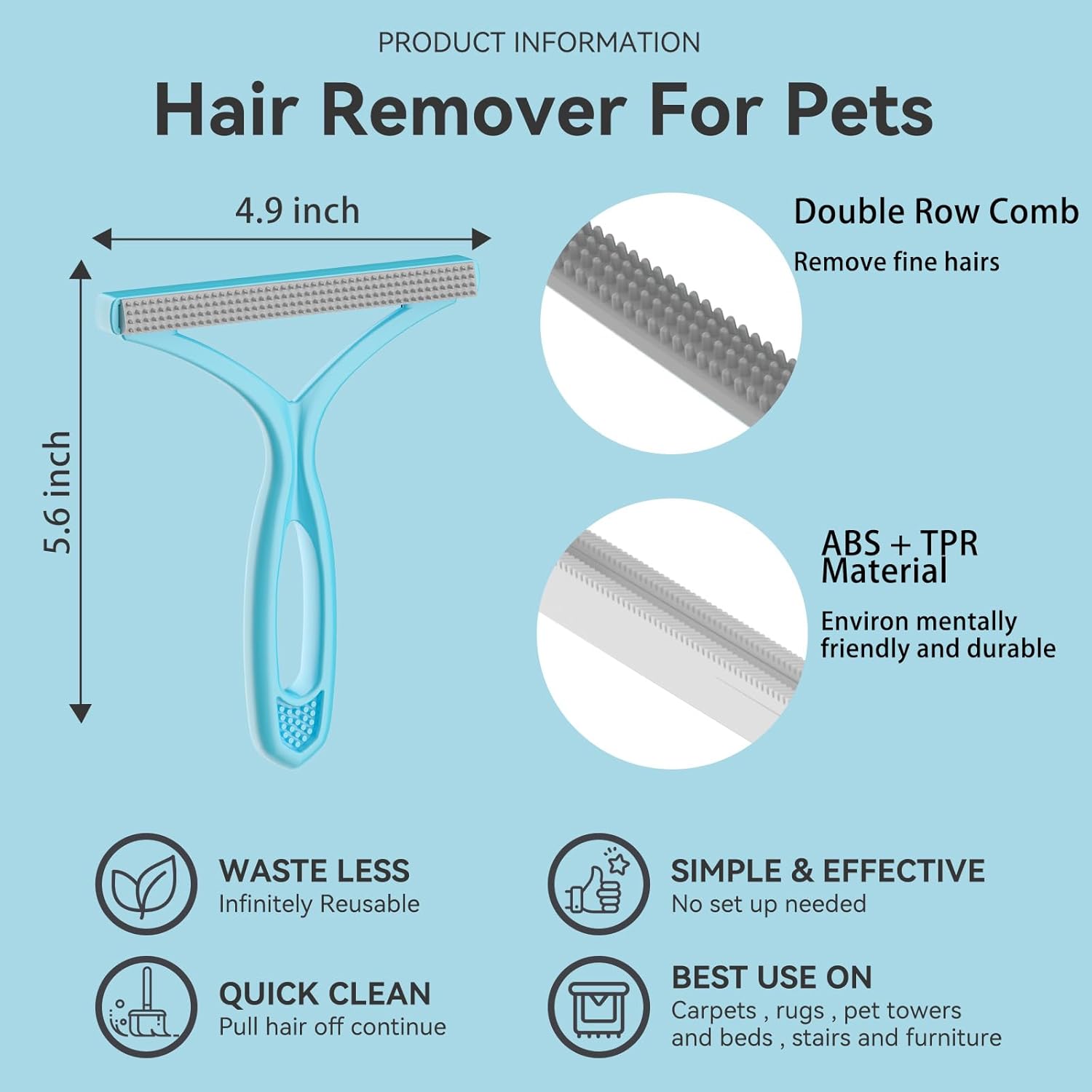 Pet Hair Remover Multi-Fabric Edge and Carpet Rake size